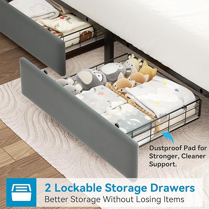 Queen Upholstered LED Bed Frame with 2 Storage Drawers and 2-Tier Storage Headboard, Velvet Platform Bed with Charging Station & Bookcase, Corner Bed Frame, Heavy Duty Metal Support, Grey
