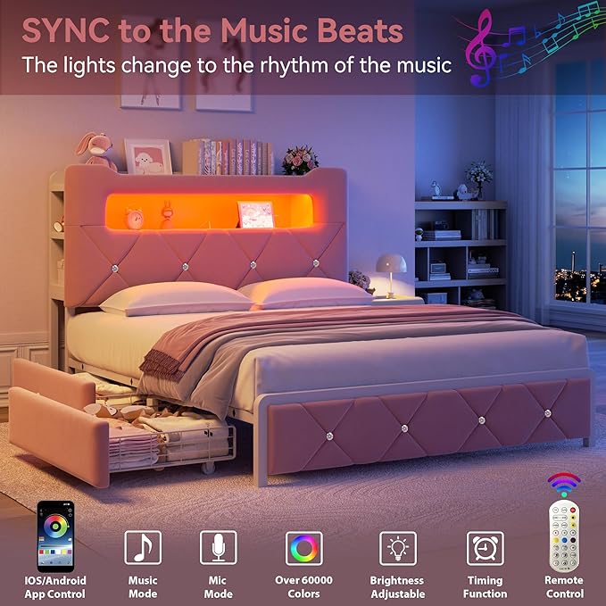 Full Upholstered LED Bed Frame with 2 Storage Drawers and 2-Tier Storage Headboard, Velvet Princess Platform Bed with Charging Station & Bookcase, Corner Bed Frame, Heavy Duty Metal Support, Pink