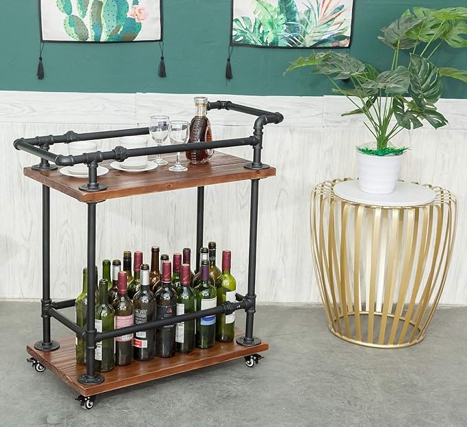 Industrial Pipe Bar Carts/Serving Carts/Kitchen Carts/Wine Rack Carts on Wheels with Shelves - Wood Rolling Carts - Wine Tea Liquor Shelves/Holder - Home Furniture