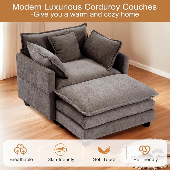 Furniliving Oversized Accent Chair with Ottoman, Luxury Chenille Single Sofa, Upholstered Deep Seat Chaise Lounge with Pillows for Living Room, Bedroom, Apartment, Grey