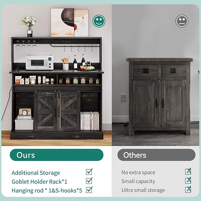 YITAHOME Buffet Cabinets with Upper Rack, Farmhouse Coffee Bar Cabinet with Power Outlet & Goblet Holder, 47 Inch Sideboard Cabinets with Sliding Barn Door for Kitchen, Living Room (Dark Rustic Oak)