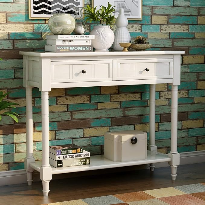 Merax Classic Wood Narrow Console Table with Drawers and Bottom Shelf for Entryway Hallway Front Door Ivory