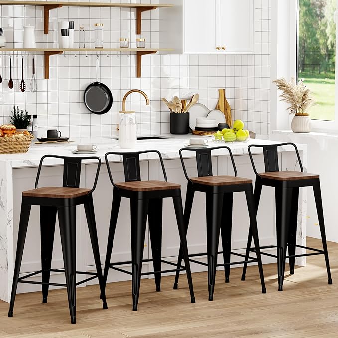 WENTMENT Metal Bar Stools Set of 4 Counter Height Barstools with Removable Back 26" Kitchen Bar Stools with Wooden Seat, Black