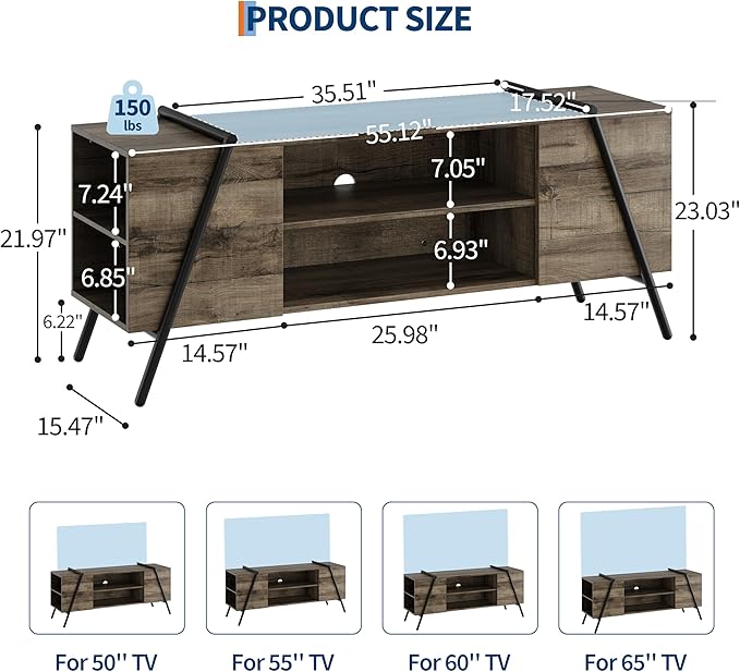 TV Stand for 65 60 55 50 Inch TV, 55" Mid Century Modern Entertainment Center with Adjustable Open Shelves & Metal Legs, Industrial Media Console Table for Living Room, Oak