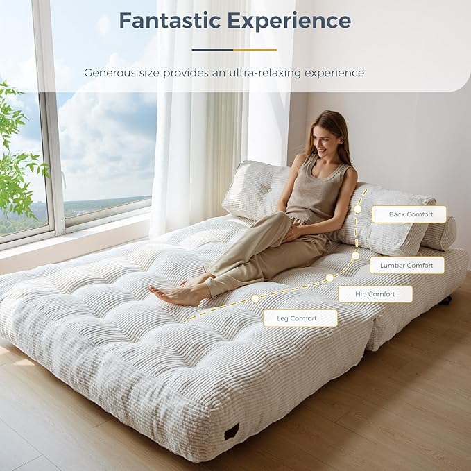 MAXYOYO Folding Sofa Bed, Convertible Sleeper Chair with Pilow Foldable Matress with Back Support, Portable Fold Out Chair Bed Comfy Floor Sofa Lounge for Living Room Bedroom, Beige, Double