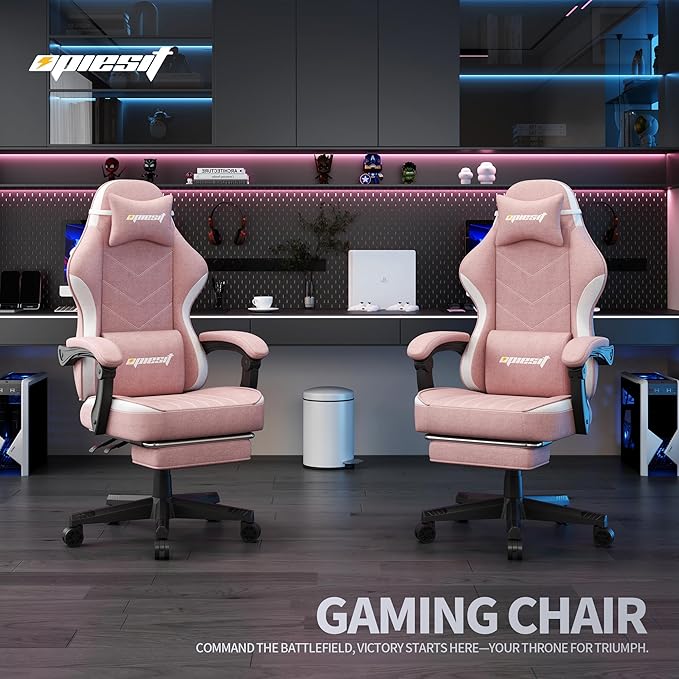 Gaming Chair,Fabric Computer Chair with Pocket Spring Cushion,400 lb Load Capacity,Ergonomic Office Chair with Footrest,Height Adjustable Video Gamer Chair with Lumbar Support (Pink)