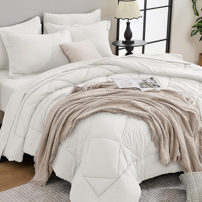 HEVUMYI Ivory Queen Comforter Set - 7-Piece All Season Bed in a Bag Queen, Ultra Soft Bedding Set with Comforter, Flat Sheet, Fitted Sheet, Pillowcases, Pillow Shams