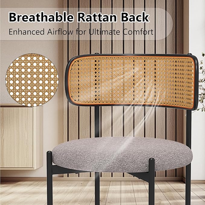 Mid Century Modern Dining Chairs Set of 2 with Rattan Backrest,Velvet Upholstered Accent Kitchen & Dining Room Chairs with Sturdy Metal Frame,Gray