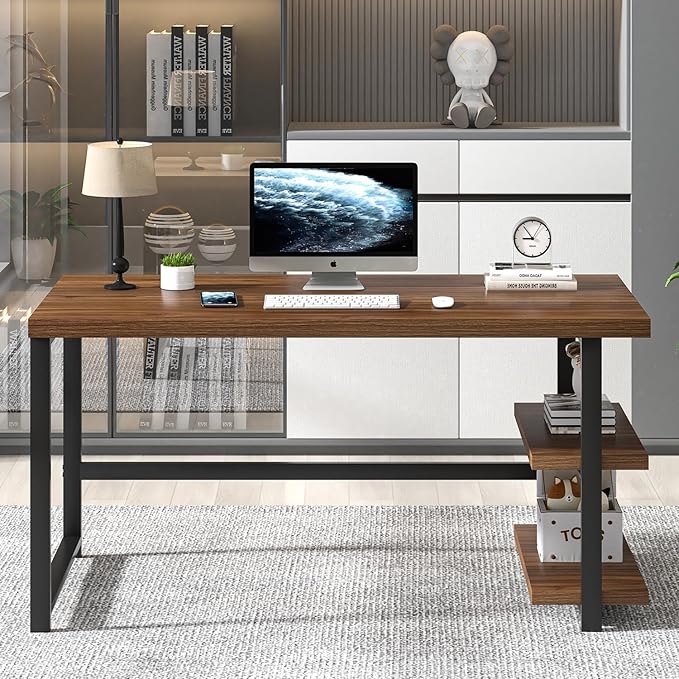 FOLUBAN 47 Inch Computer Desk, Small Home Office Desk with Storage Shelves, Industrial Writing Study Gaming Table Workstation for Living Room Bedroom, Rustic Walnut