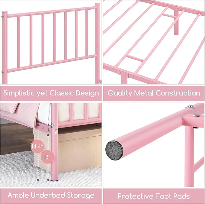 Yaheetech Twin Size Bed Frame Metal Platform Bed Frame Mattress Foundation with Spindle Headboard & Footboard/No Box Spring Needed/14 Inch Underbed Storage/Firm Support & Easy Set up Structure, Pink