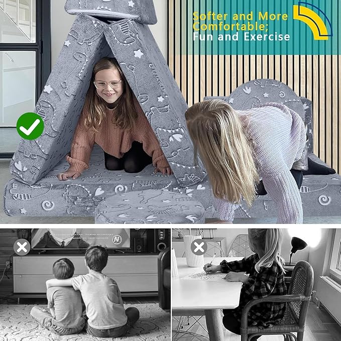 MeMoreCool 8-Piece Kids Modular Play Couch — Glow-in-The-Dark Dinosaur Foam Sofa Set for Toddlers, Convertible Fort Building Furniture with Washable Covers, Playroom Climbing & Creative Play Sofa