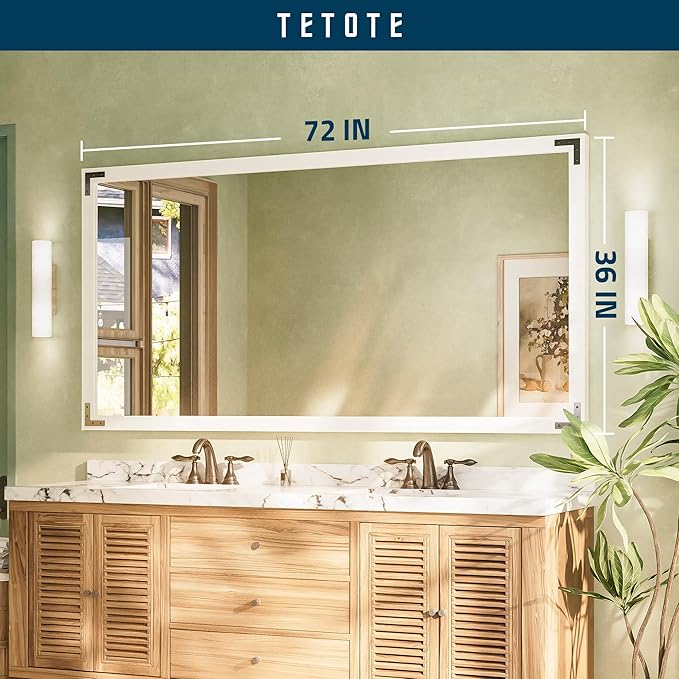 TETOTE 72 x 36 White Wooden Mirror for Bathroom Wall/Bedroom/Living Room/Entryway Farmhouse Rustic Bathroom Vanity Mirror for Wall Waterproof (Horizontal/Vertical Mounted)