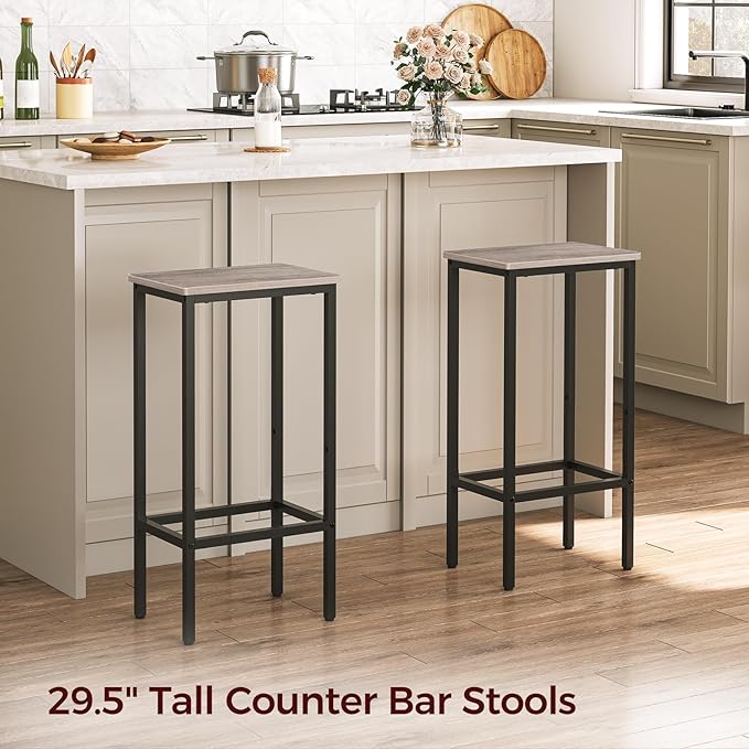 Set of 2 Bar Stools, 29.5" Tall Counter Bar Stools, Kitchen Breakfast Bar Chairs with Footrest, Rectangular Industrial Bar Chairs, for Dining Room, Greige and Black BAHG01701