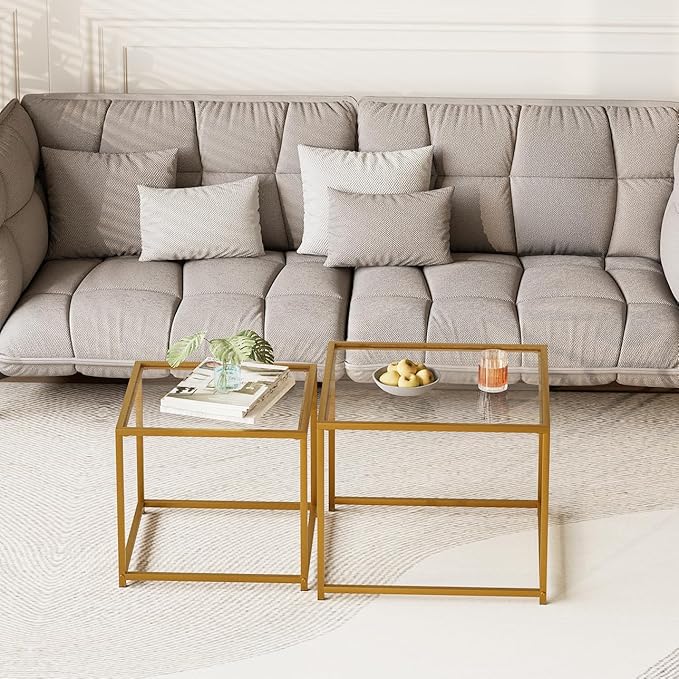 Garden 4 you Coffee Table Set of 2, Modern Glass Nesting Table, Metal Frame Square Center Table Set, Side Tables, Nesting Coffee Table for Living Room, Bedroom and Small Spaces, 23.6in Gold