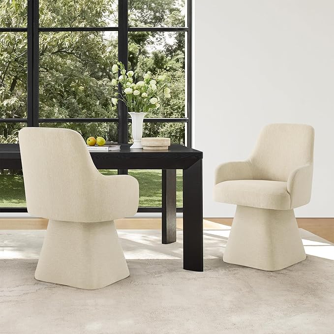 Swivel Dining Chairs Set of 4, Mid Century Modern Chairs Fabric Upholstered Armchair with Armrest & Ergonomic Backrest for Dining Room, Kitchen, Bedroom, Living Room, Sand, 4 Boxs