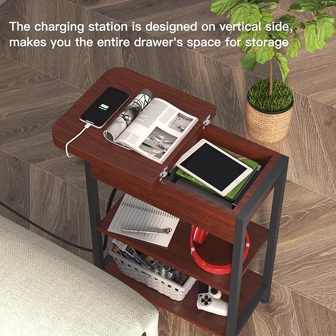 LIDYUK End Table with Charging Station, Flip Top Narrow Side Table for Small Spaces, Nightstands Set of 2 for Bedroom, End Tables Living Room Set of 2 with Storage Shelf, Cherry
