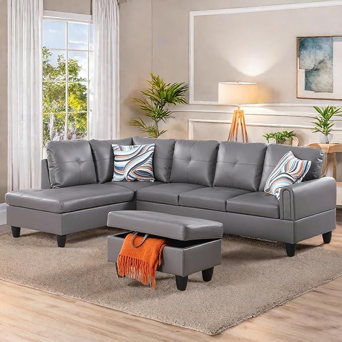 L Shaped Sectional Couches, Leather Couch Modular Sectional Sofa with Ottoman Storage, Modern L Shaped Couch with Chaise for Living Room Bedroom Apartment Furniture, Gray