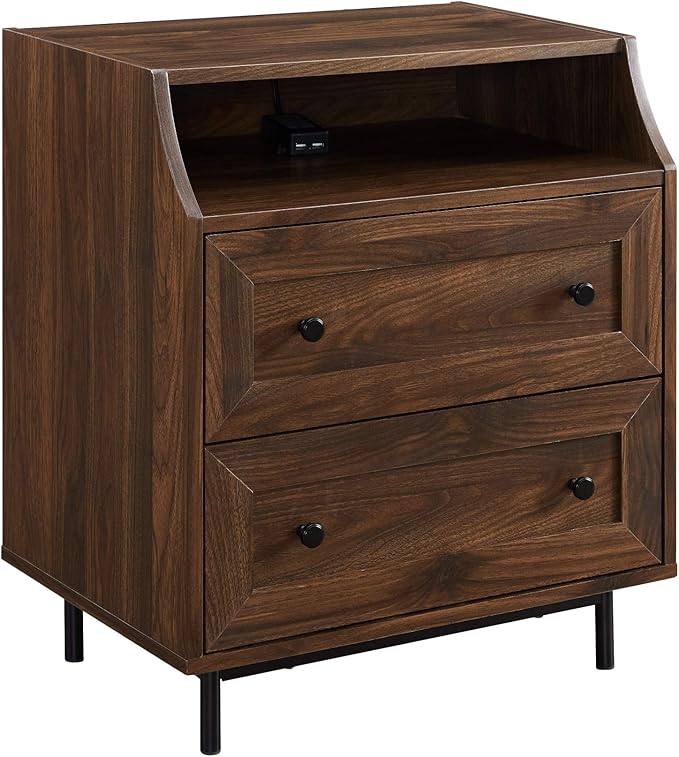 Florence 22 Inch 2 Drawer Open Top Side Table with USB Port - Dark Walnut