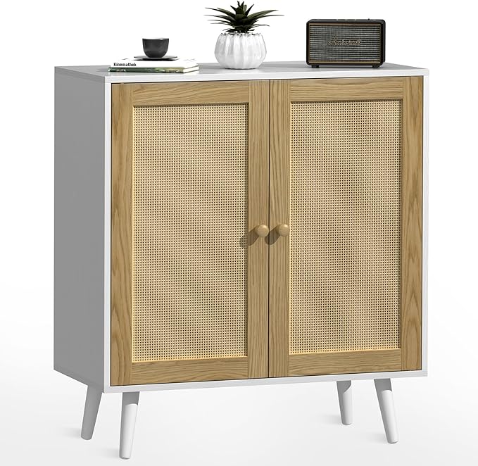 Rattan Storage Cabinet, Small Sideboard Buffets Storage Cabinet with Doors for Kitchen & Entryway Storage, White