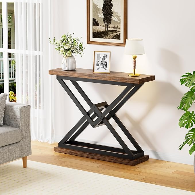 JUSTOGO 39.4" Console Table, Industrial Entryway Table Triangle Design for Living Room, Narrow Wood Sofa Tables for Hallway, Entrance, Foyer, Modern Accent Furniture Home Decor, Rustic Brown