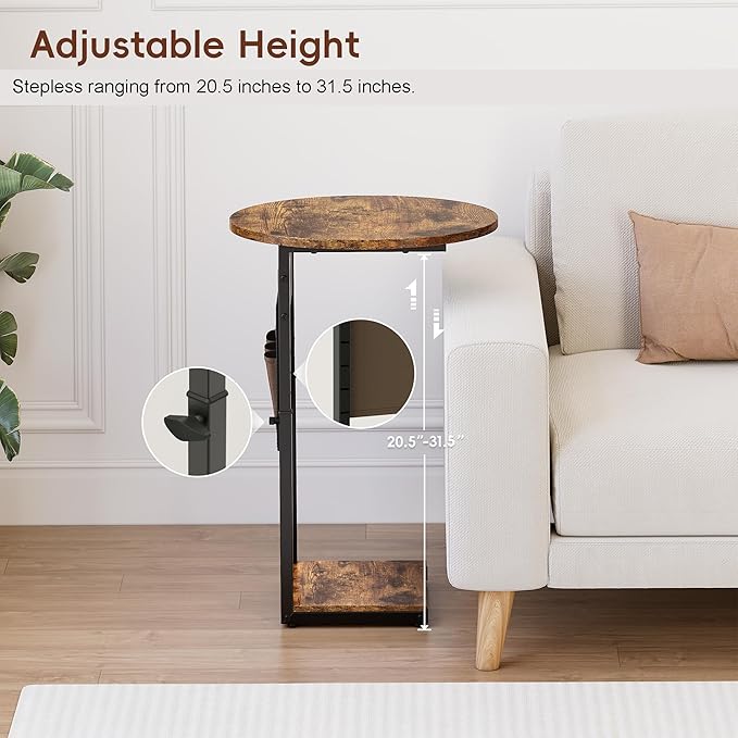 Vagusicc C Shaped End Table, Adjustable Height Small Side Table for Couch and Recliner, 32" Tall Couch Side Table Slide Under Sofa Tray Desk with Storage Bag for Living Room and Bedroom, Brown