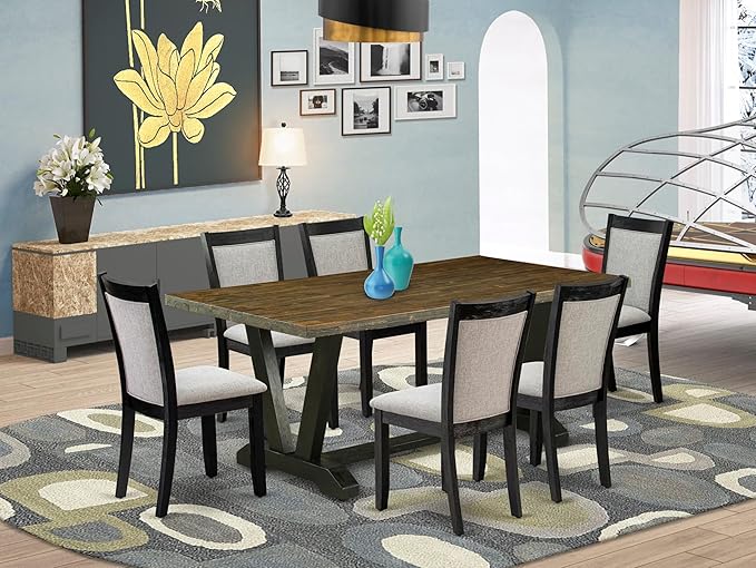 East West Furniture V677MZ606-7 7 Piece Modern Dining Table Set Consist of a Rectangle Wooden Table with V-Legs and 6 Shitake Linen Fabric Upholstered Chairs, 40x72 Inch, Multi-Color