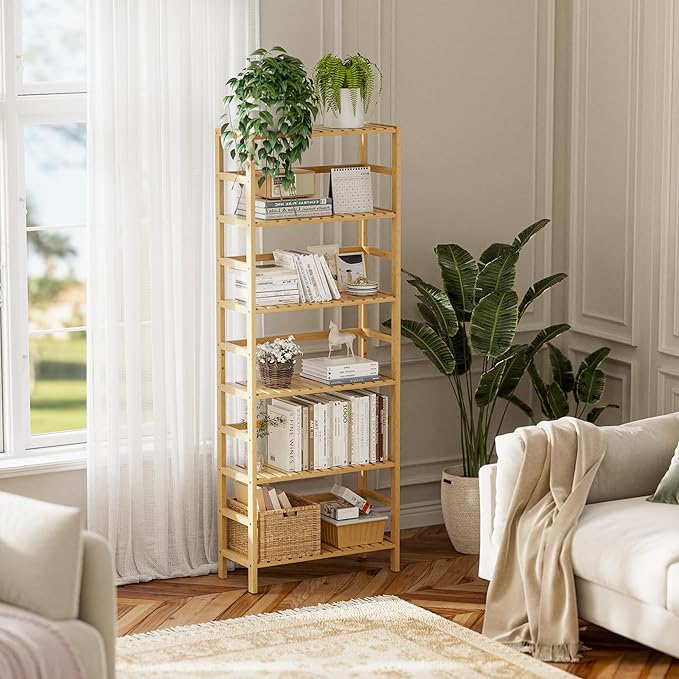 HITNET Bamboo Shelf, 6-Tier Adjustable Tall Open Bookcase, Bathroom Storage Rack Freestanding Shelving Unit, Plant Display Stand for Small Space, Natural