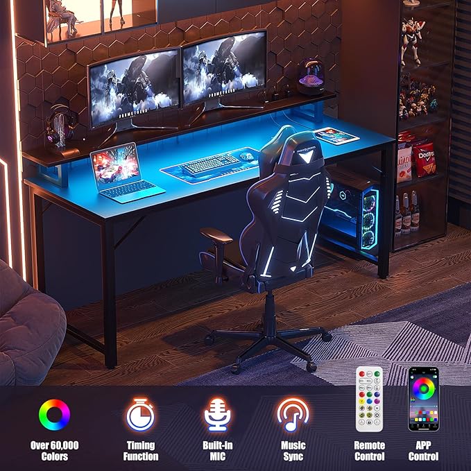 Computer Desk with USB Power Outlets and LED Lights,55 inch Gaming Desk with Monitor Stand for Small Space Home Office, Modern Simple Study Writing Table PC Desks, Black