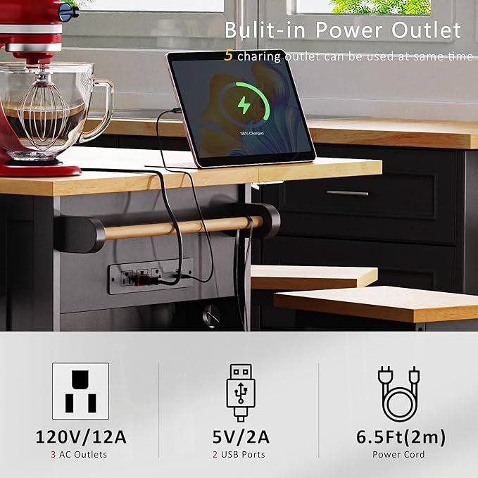 53" Large Kitchen Island with 2 Bar Stools,Power Outlet & Door Internal Storage Rack,Kitchen Storage Cart on 5 Wheels W/Drop Leaf,5 Open Side Racks & 3 Drawers,for Kitchen,Dining Room,Black