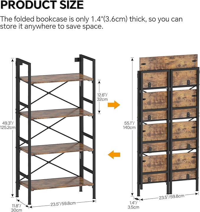 Folding Bookshelf,4 Tier Bookcase Foldable Shelf with X-Bracket Design, Adjustable Feet, Space Saving Storage for Living Room, Office, Rustic Brown