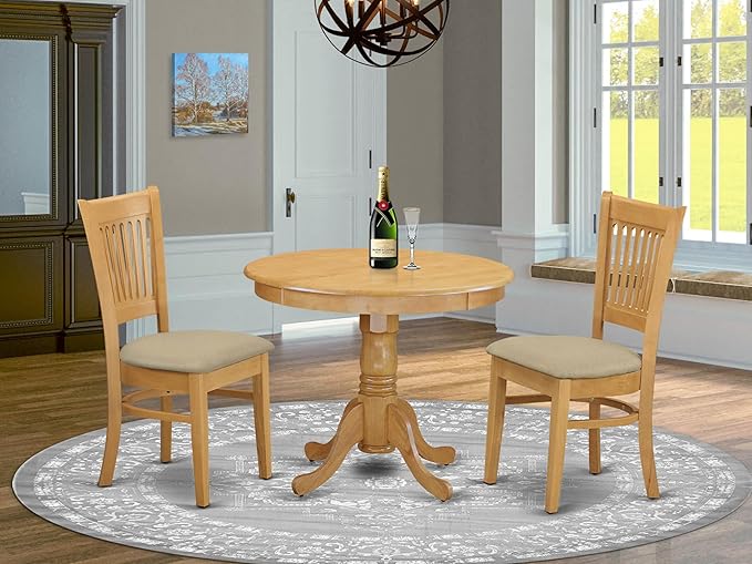 East West Furniture ANVA3-OAK-C 3 Piece Kitchen Table Set for Small Spaces Contains a Round Dining Room Table with Pedestal and 2 Linen Fabric Upholstered Chairs, 36x36 Inch, Oak