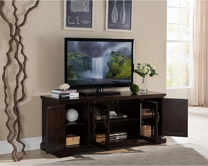 Leick Home 81360 Iverson Three Door TV Stand for 65 Inch TVs, 60 Inch, Chocolate Cherry Brown, Hardwood with Bronze Glass, Adjustable Shelves, Wood Entertainment Console