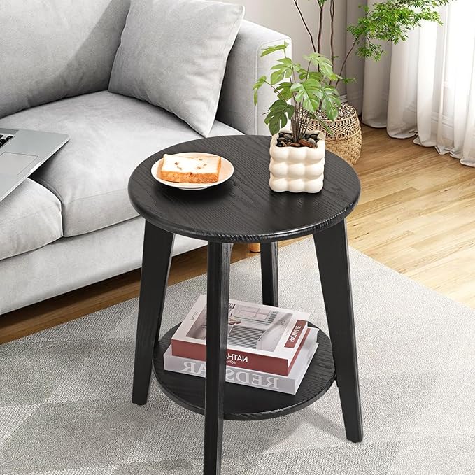 Side End Table Round Black Beside Table Sofa Table Nightstand Modern End Table 2-Tier Small Accent Tables Great for Small Spaces Living Room Bedroom