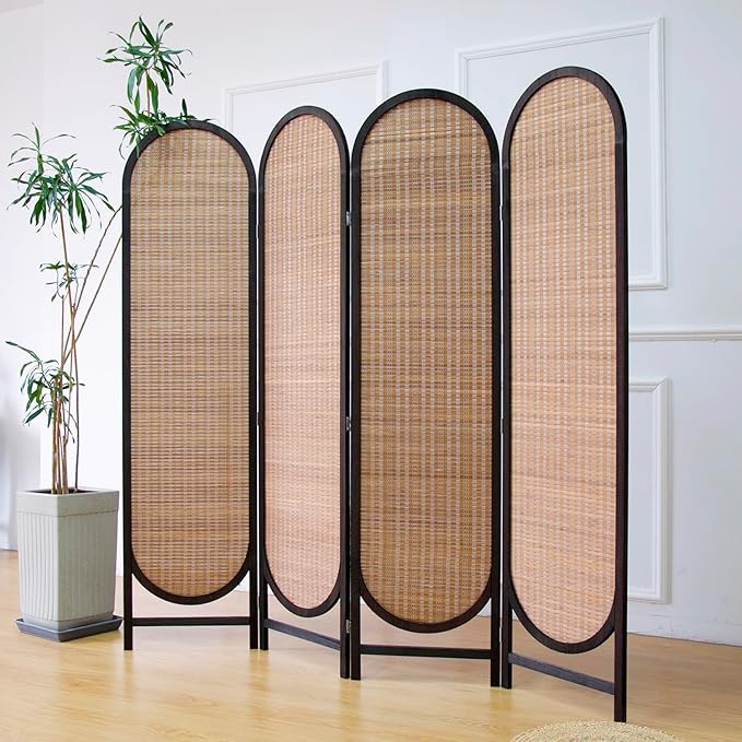 4 Panel Room Divider Screen and Folding Panel Divider in Arch Shape,Double Sided Bamboo Panel Screen for Room Separation,Brown,70.9" H x 70.9" W