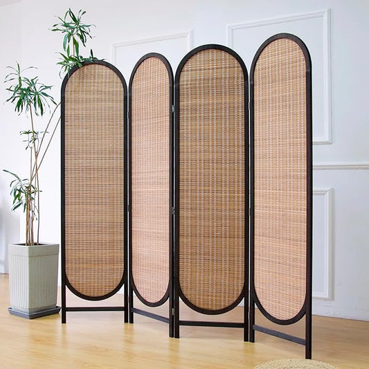 4 Panel Room Divider Screen and Folding Panel Divider in Arch Shape,Double Sided Bamboo Panel Screen for Room Separation,Brown,70.9" H x 70.9" W