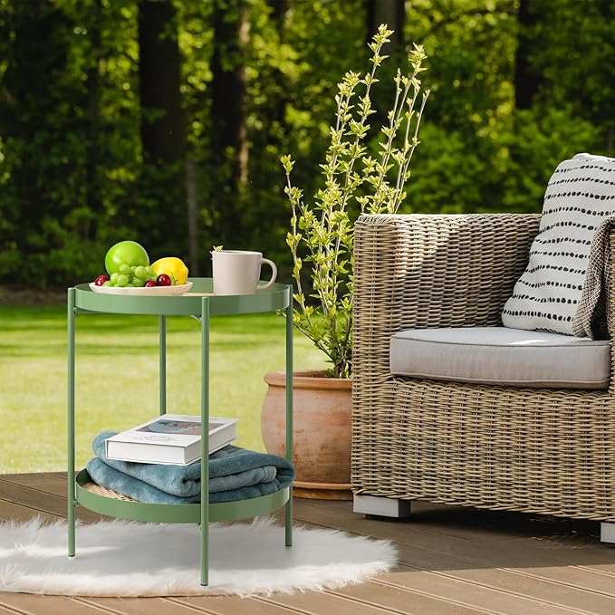 TeoKJ All Metal Side Table, 2 Tier Anti Rust End Table with Imitation Rattan Pattern on Removable Trays, Round Table for Living Room, Small Nightstand for Bedroom 20.47 Inch x 16.54 Inch Green