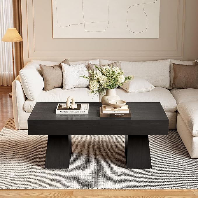 LITTLE TREE Farmhouse Coffee Table, 47 Inches Wooden Rectangular Accent Center Tables with Thick Base, Modern Low Cocktail Tea Furniture for Living Room (Black)
