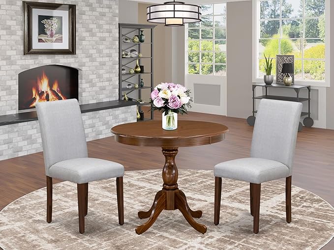 East West Furniture AMAB3-AWA-05 3 Piece Kitchen Table Set for Small Spaces Contains a Round Dining Room Table with Pedestal and 2 Grey Linen Fabric Parsons Chairs, 36x36 Inch, Walnut