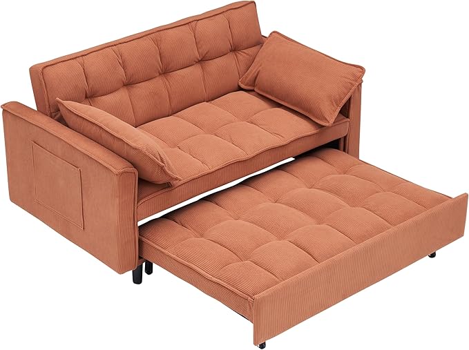 Ball & Cast Convertible Sofa Bed,Loveseat Sleeper Sofa W/Pull-Out Bed,Convertible Pull Out Couch W/2 Pillows,Adjustable Backrest&Side Pocket,Corduroy Futon Couches for Living Room,Apartment,Orange,54"