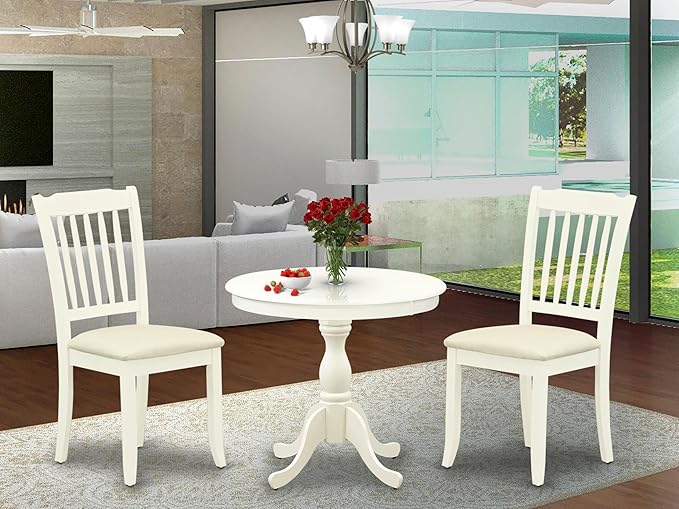 East West Furniture AMDA3-LWH-C 3 Piece Dining Table Set for Small Spaces Contains a Round Kitchen Table with Pedestal and 2 Linen Fabric Upholstered Chairs, 36x36 Inch, Linen White