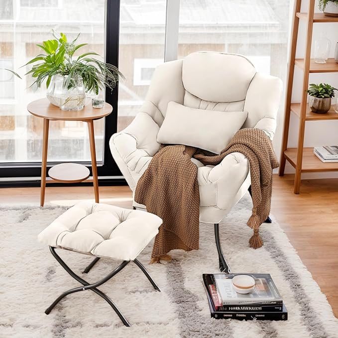 Lazy Chair with Ottoman, Comfy Fabric Accent Lounge Arm Chair with Lumbar Pillow and Folding Footrest, Reading Leisure Sofa Chair for Bedroom, Living Room, Dorm,Beige