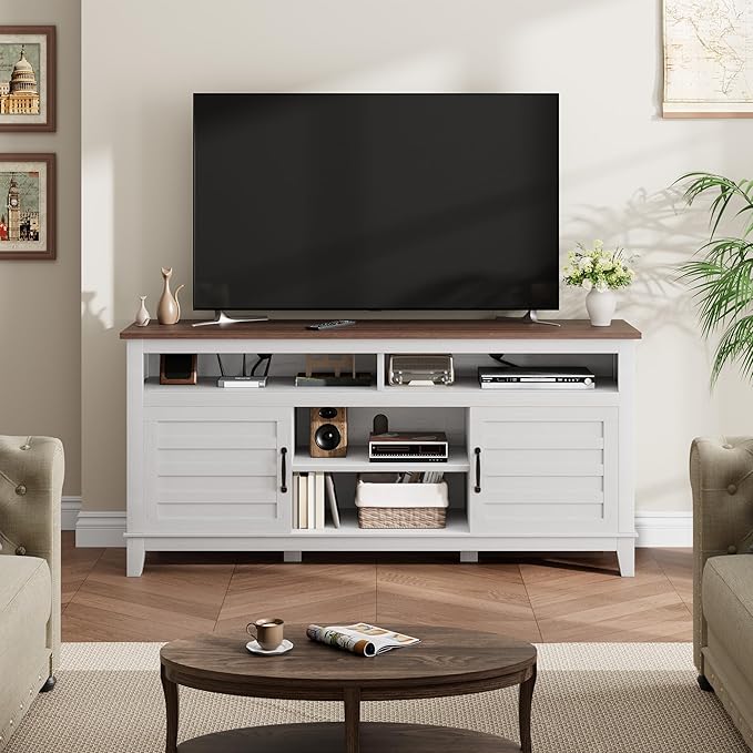GarveeHome TV Stand for 63 in, Entertainment Center with Adjustable Shelves, Farmhouse TV Stand with Cabinet Doors,for Living Room, Bedroom (White, 63)