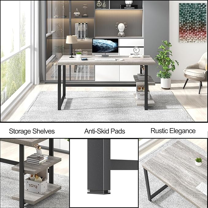 FOLUBAN Computer Desk, Modern Home Office Desk with Shelves, Wood Writing Study Gaming Table for Living Room Bedroom, Light Grey, 53 inch