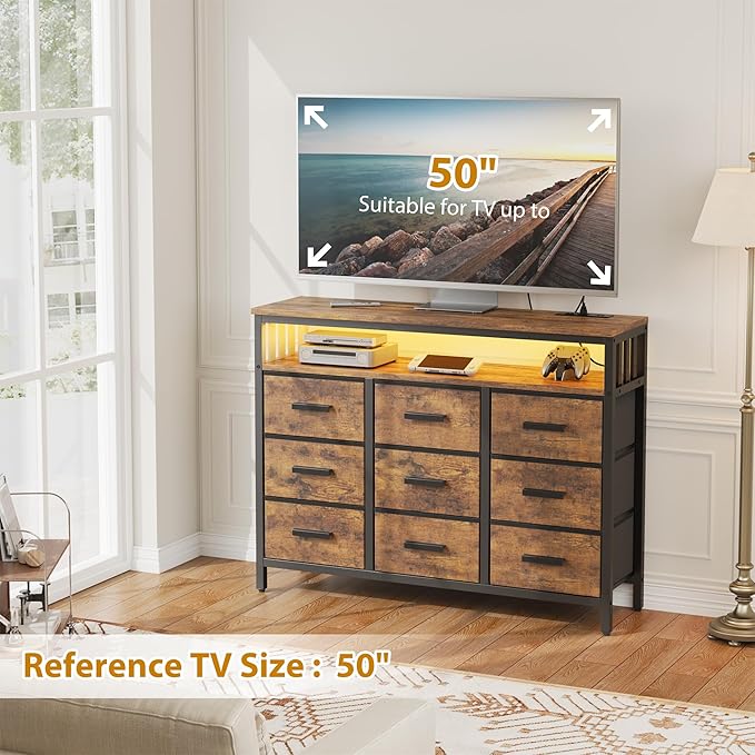 9 Drawer Dresser TV Stand up to for 50” TV with LED Lights & Power Outlets, Entertainment Center with Open Shelf, Media Console, Large Storage Dresser for Bedroom (Rustic Brown)