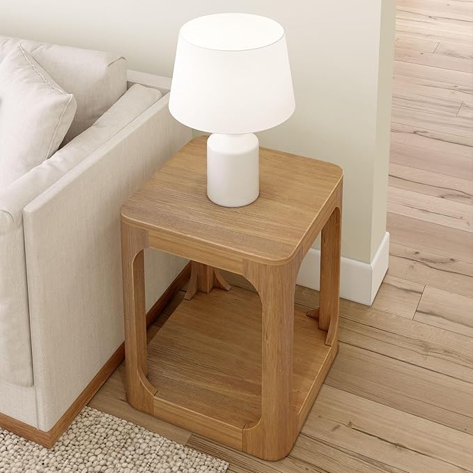 Plank+Beam Modern Rounded Square Side Table with Shelf, Solid Wood End Table for Living Room, 20in, Pecan