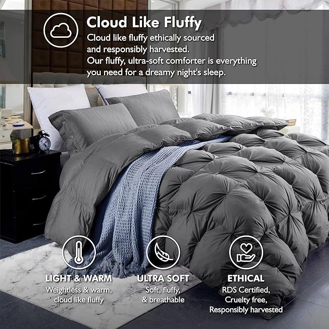 Luxurious Goose Down Feather Fiber Comforter Oversize California King Size Duvet Insert, Pinch Pleat Ruffled Twisted Flower, 108 x 98 inches, 100% Egyptian Cotton Cover, 80 oz. Fill Weight, Gray
