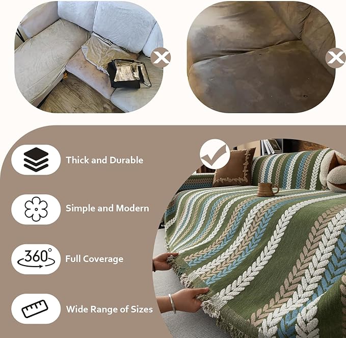 STACYPIK Thick Jacquard Green Couch Cover, Washable Sofa Cover for 3 Cushion Couch, Washable Chenille Couch Cover Blanket, Multi-use Sofa Protector Slipcover, Furniture Protector Pet-Friendly-71X150IN