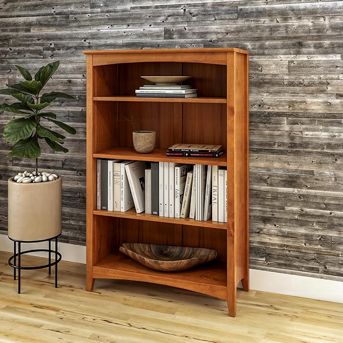 Shaker Style 4 Shelf Bookcase / Solid Wood / 48" High / Adjustable Shelving / Closed Back / Display Bookshelf for Living Room, Bedroom, Home and Office, Cherry
