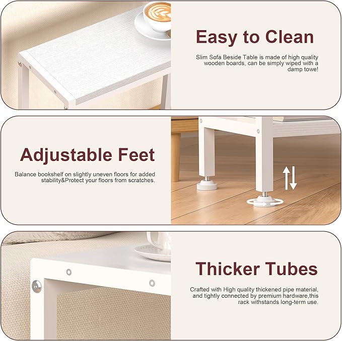 Narrow Side Table for Small Space, 2-Tier Small End Table with Shelf Holder, Slim Nightstand, Skinny Snack Couch Table in Living Room, Bedroom, Study, Kitchen and Balcony (White)