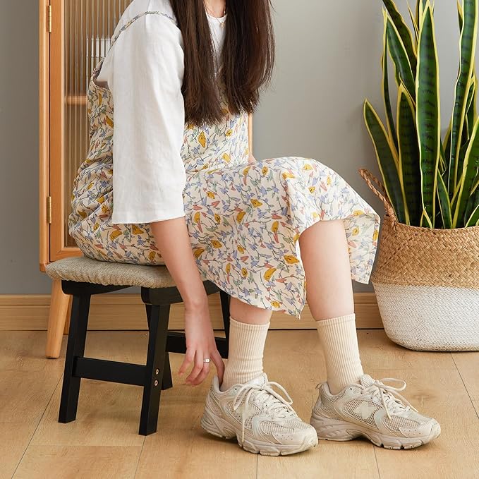 Foot Stool Ottoman Foot Rest Under Desk,Small Stool for Living Room, Bedroom and Kitchen (Black Legs - Beige Stool Surface)